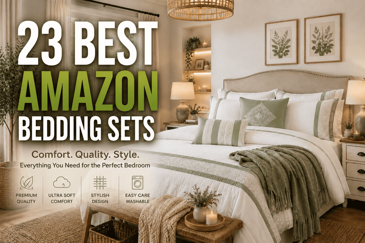 23 Best Amazon Bedding Sets featured image showcasing cozy modern bedrooms with luxury comforters, quilt sets, duvet covers, and stylish bedroom décor ideas for every home.