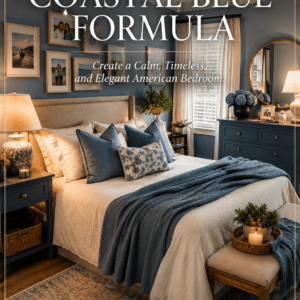 Coastal blue American bedroom with blue walls, white bedding, matching furniture, warm lighting, and elegant decor by Deevaya Home.