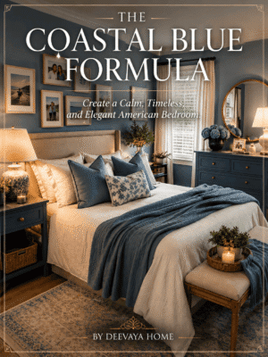 Coastal blue American bedroom with blue walls, white bedding, matching furniture, warm lighting, and elegant decor by Deevaya Home.