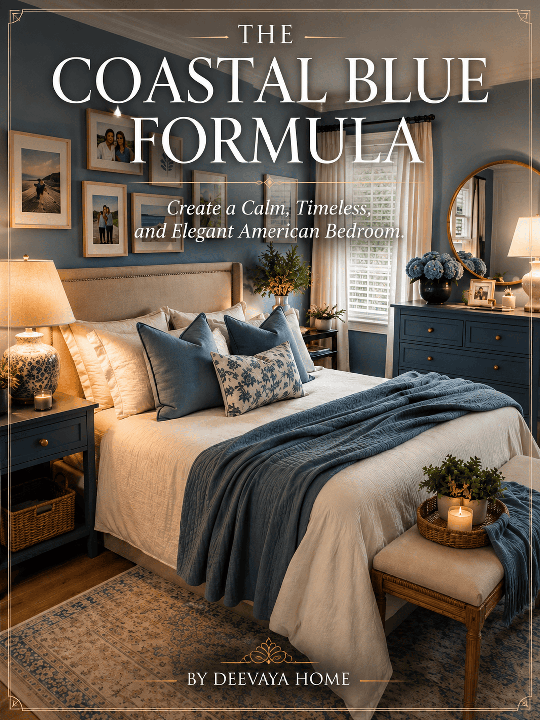 Coastal blue American bedroom with blue walls, white bedding, matching furniture, warm lighting, and elegant decor by Deevaya Home.