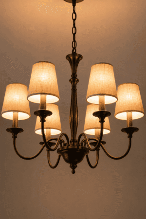 Elegant modern chandelier featuring fabric shades and warm ambient lighting, perfect for living rooms, dining rooms, bedrooms, kitchens, foyers, and entryways.