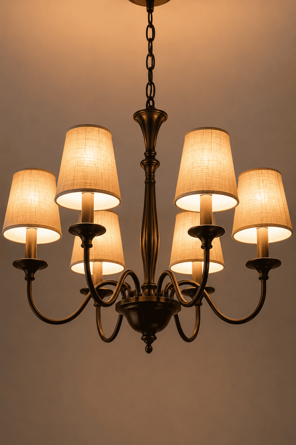 Elegant modern chandelier featuring fabric shades and warm ambient lighting, perfect for living rooms, dining rooms, bedrooms, kitchens, foyers, and entryways.