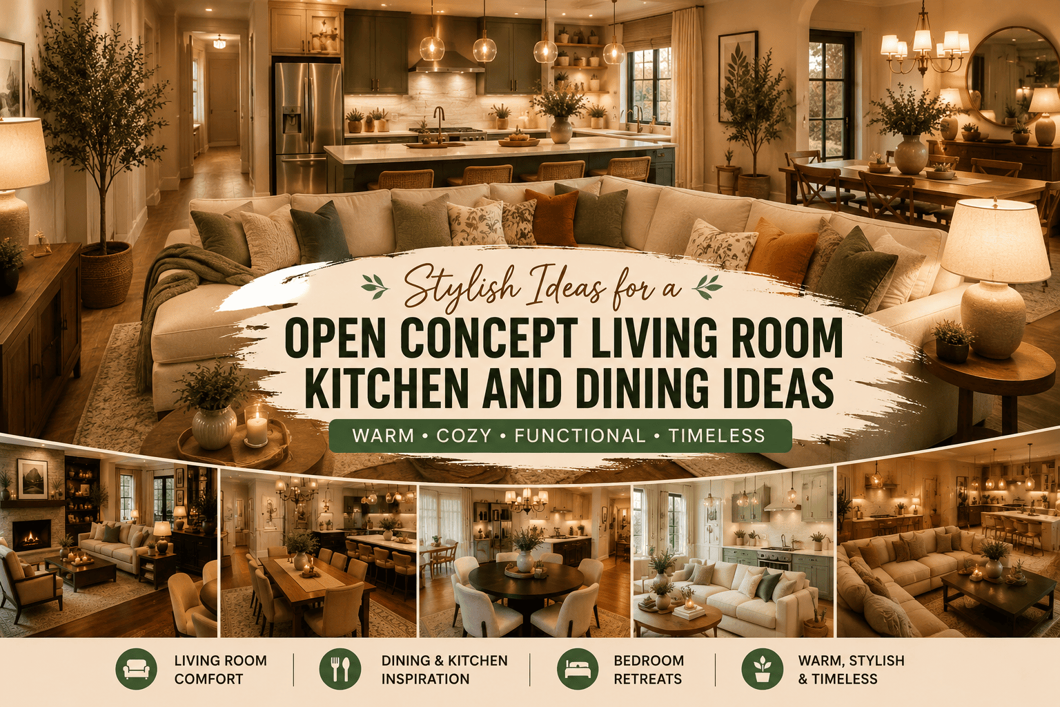 Featured image showcasing Open Concept Living Room Kitchen and Dining Ideas with cozy modern interiors, stylish kitchen, elegant dining area, warm lighting, and Pinterest-inspired home décor.