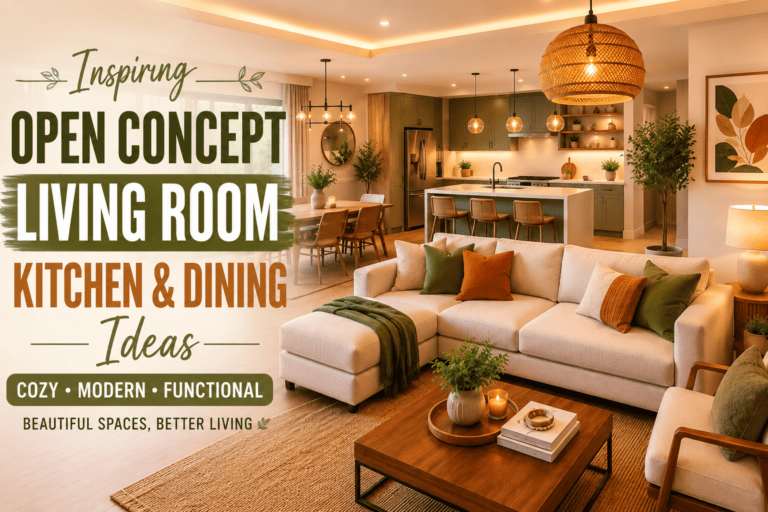 Featured image of Open Concept Living Room Kitchen and Dining Ideas showcasing a cozy modern living room, stylish kitchen island, elegant dining area, warm lighting, and Pinterest-inspired home décor.