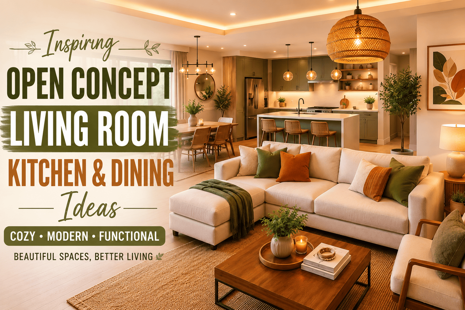 Featured image of Open Concept Living Room Kitchen and Dining Ideas showcasing a cozy modern living room, stylish kitchen island, elegant dining area, warm lighting, and Pinterest-inspired home décor.