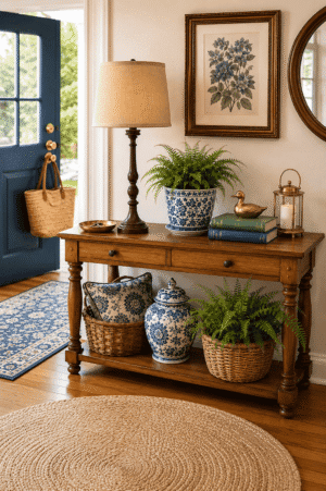 Modern farmhouse entryway featuring a wooden console table, table lamp, blue and white ceramic decor, round mirror, framed botanical wall art, woven baskets, indoor plants, lantern candle holder, entryway runner, and natural jute rug.