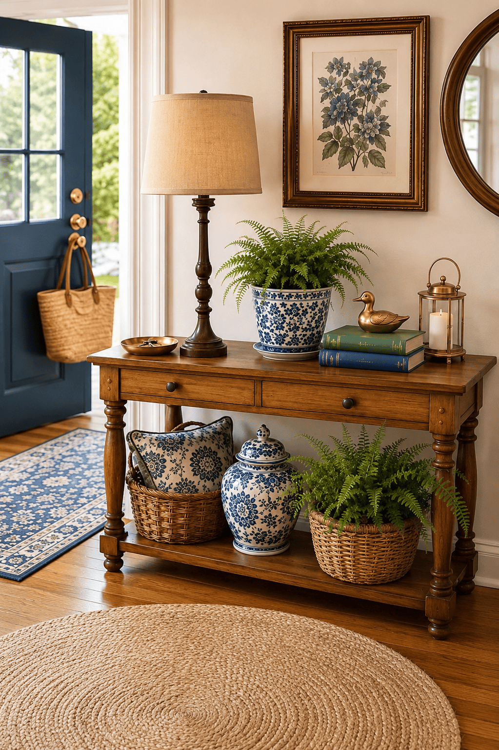 Modern farmhouse entryway featuring a wooden console table, table lamp, blue and white ceramic decor, round mirror, framed botanical wall art, woven baskets, indoor plants, lantern candle holder, entryway runner, and natural jute rug.