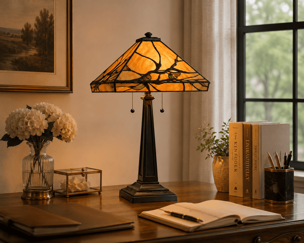 Mission style stained glass table lamp with a geometric amber shade creating warm ambient lighting and classic Craftsman-inspired home decor.