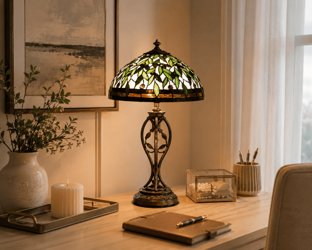 Tiffany style stained glass table lamp with a floral shade adding vintage charm, colorful lighting, and timeless elegance to a cozy workspace.