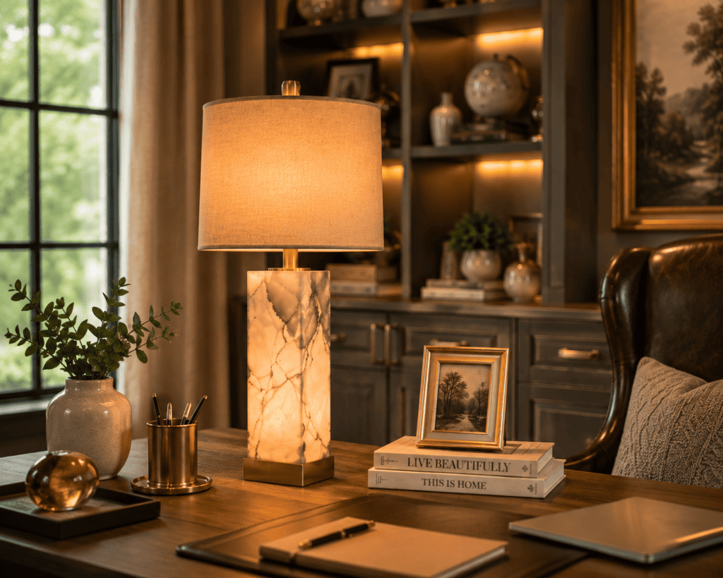 Modern marble table lamp with a warm linen shade on a wooden desk, creating an elegant and cozy home office with ambient lighting.