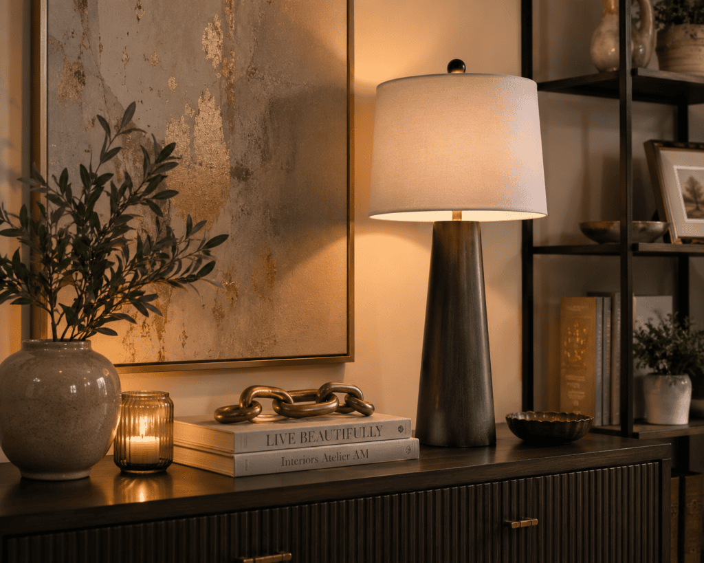 Modern black wooden table lamp with a white fabric shade styled on a contemporary console for elegant ambient lighting.