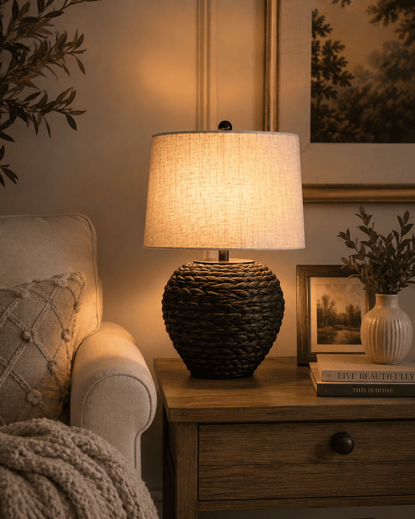 Dark woven basket-style table lamp with a linen shade bringing natural texture and cozy lighting to a wooden side table.
