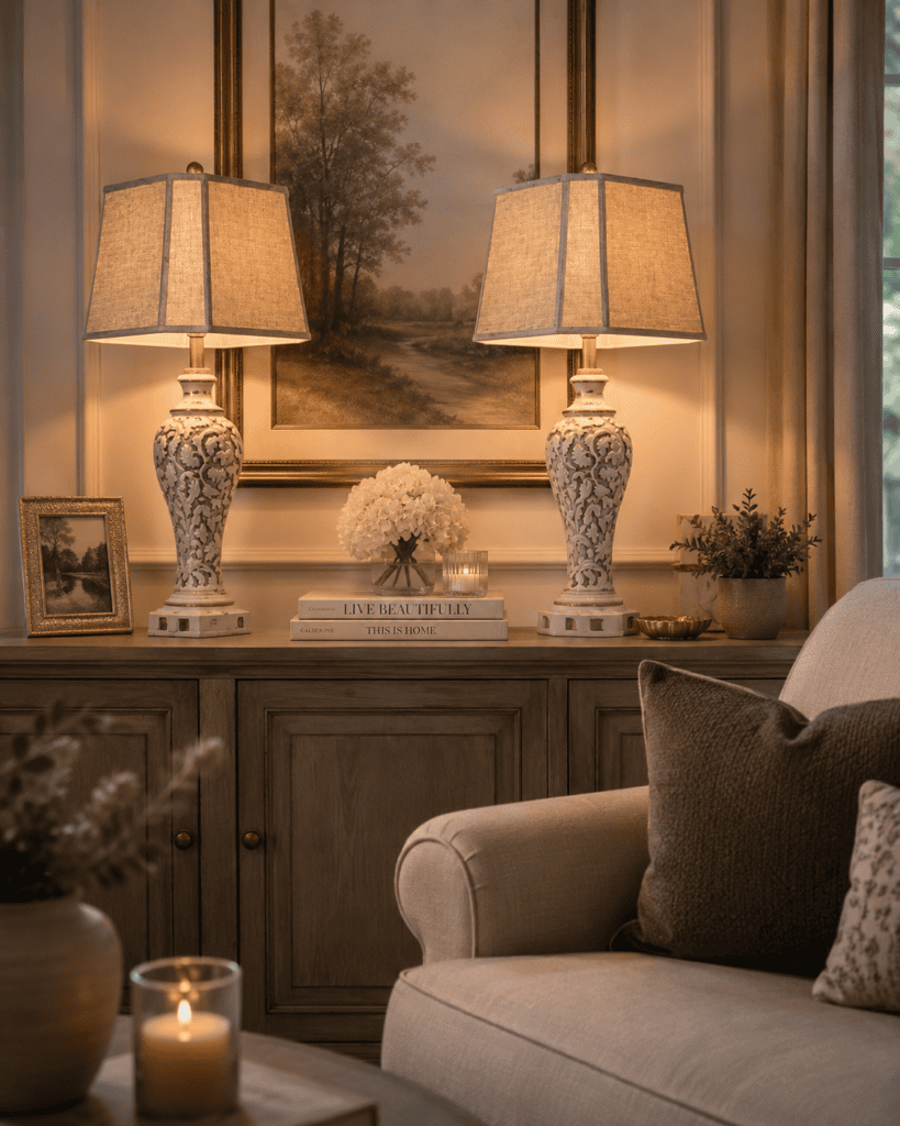 Matching decorative ceramic table lamps with linen shades creating balanced and elegant living room lighting.