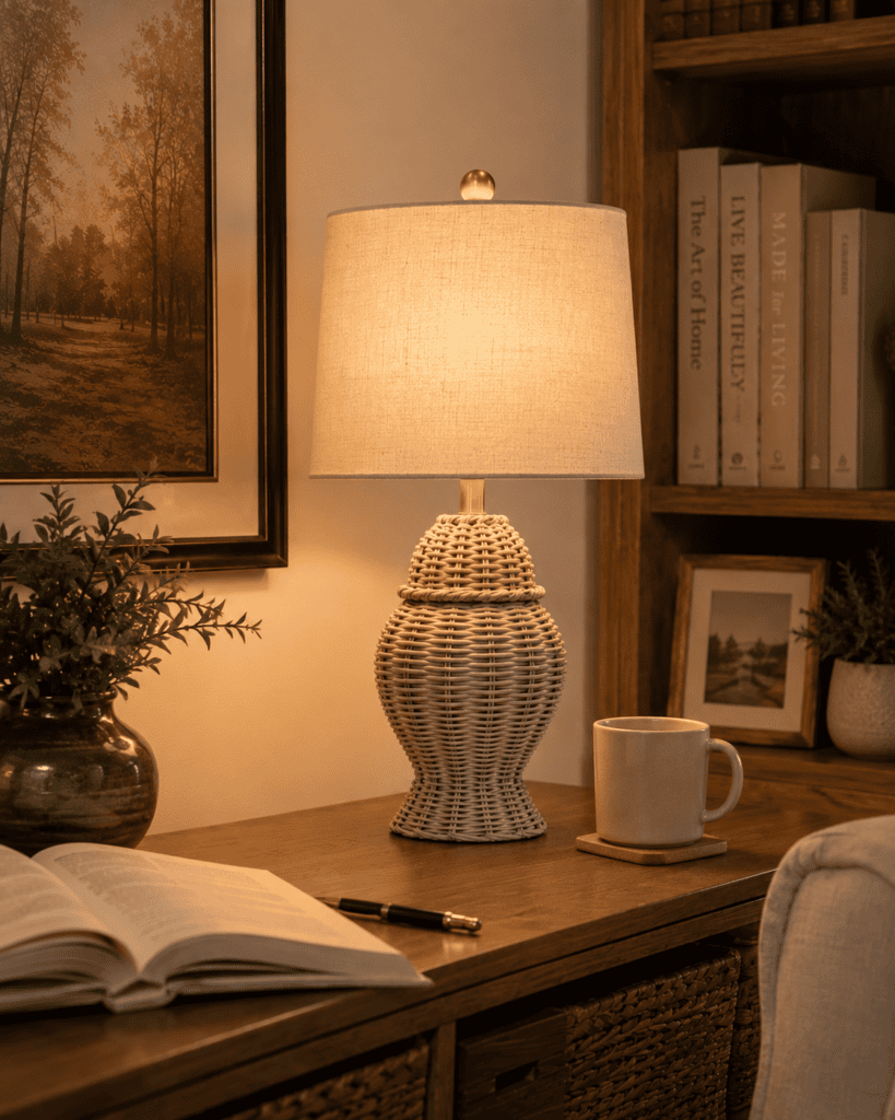 Natural woven rattan table lamp on a wooden desk creating a cozy and stylish workspace with warm lighting.