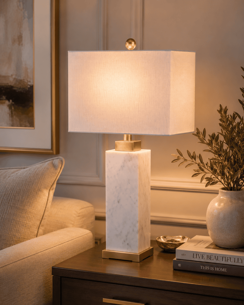 Minimalist white marble table lamp with a rectangular linen shade adding timeless elegance to modern home decor.