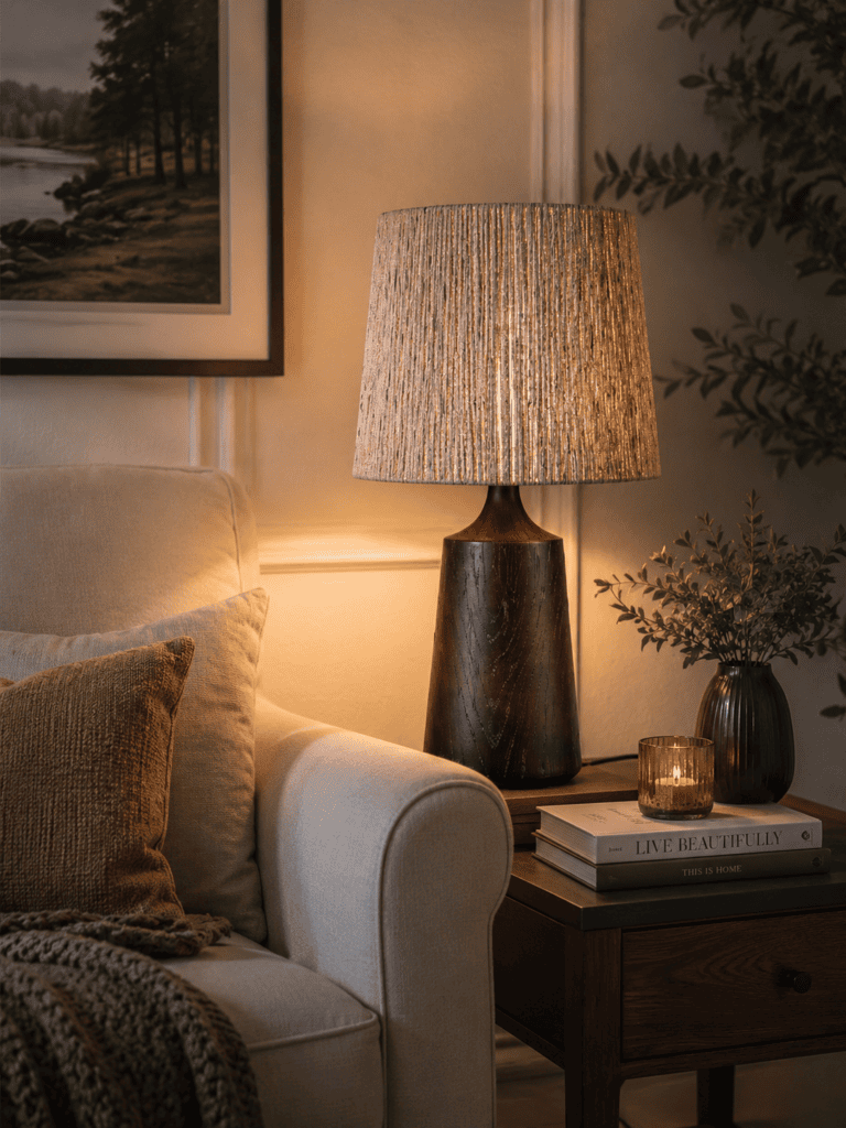 Modern wooden table lamp featuring a textured fabric shade on a side table for warm and inviting living room lighting.