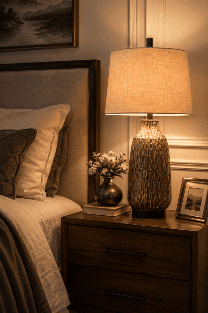 Warm bedside table lamp styled with neutral bedding and wooden furniture for a cozy and relaxing bedroom design.