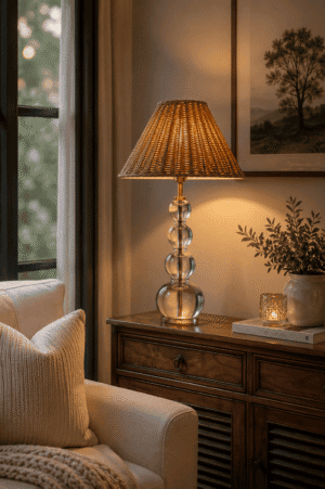 Warm woven table lamp with a natural rattan shade on a wooden console cabinet, creating a cozy modern farmhouse living room with soft ambient lighting and elegant home decor.