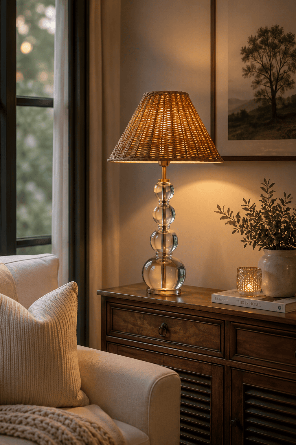 Warm woven table lamp with a natural rattan shade on a wooden console cabinet, creating a cozy modern farmhouse living room with soft ambient lighting and elegant home decor.