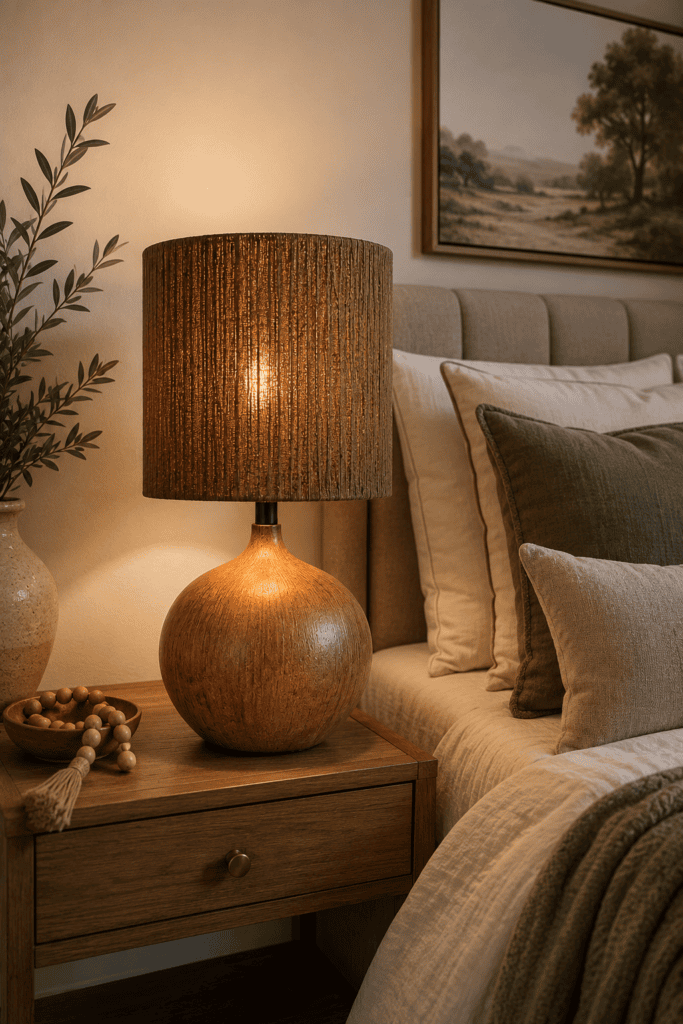Rustic wooden bedside table lamp with a dark fabric shade creating warm ambient lighting in a cozy bedroom.