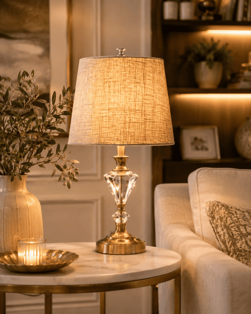Elegant crystal table lamp with a warm linen shade on a marble side table creating a luxurious and cozy living room ambiance.