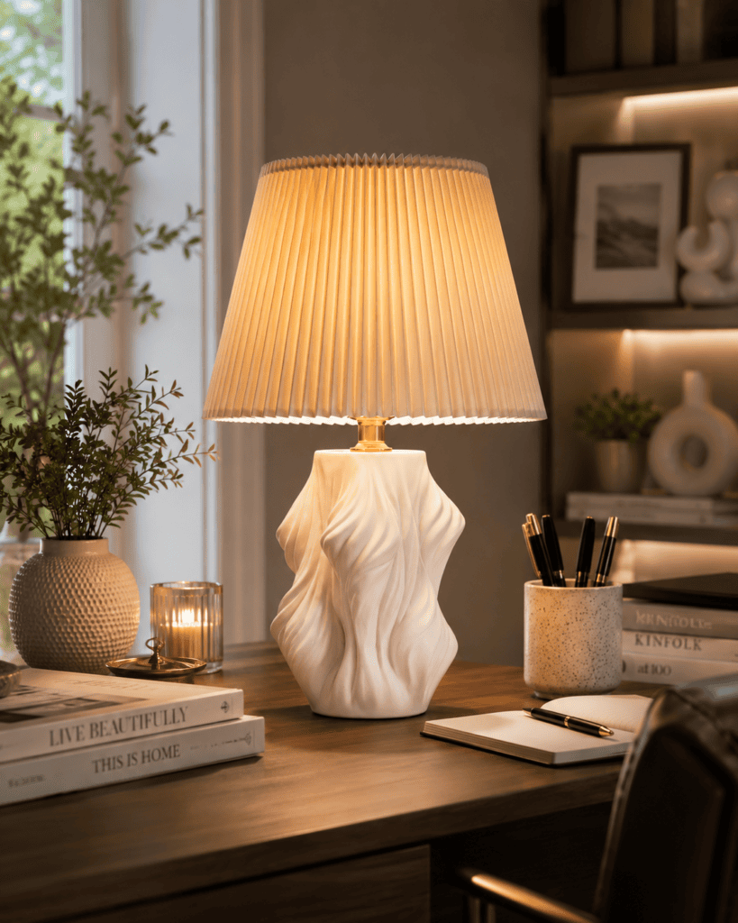 Modern sculptural white table lamp with a pleated shade creating soft ambient lighting and showcasing contemporary Best Table Lamp Ideas.