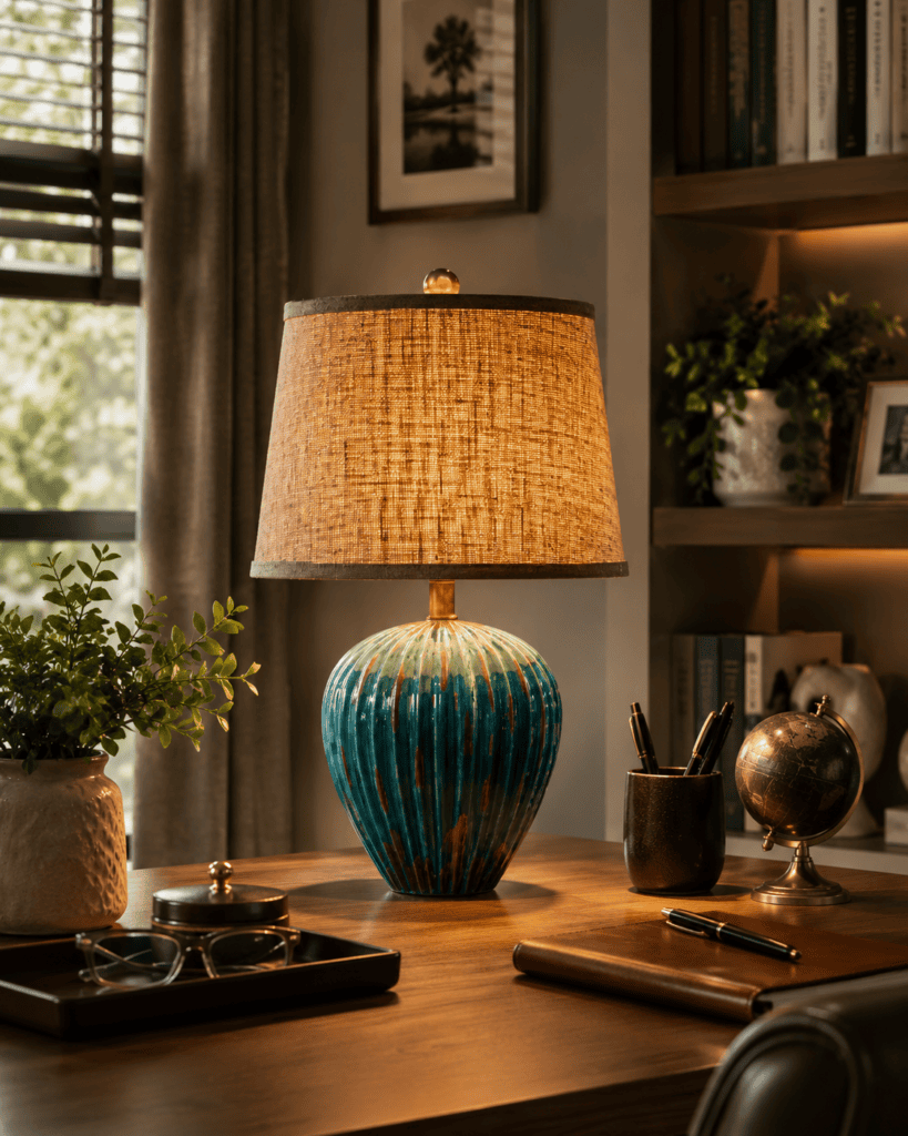 Decorative blue ceramic table lamp on a wooden office desk combining modern style and functionality in Best Table Lamp Ideas.