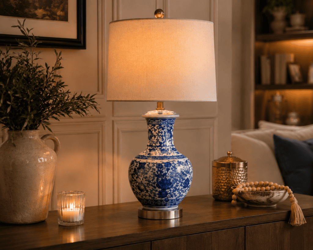 Classic blue and white porcelain table lamp with a linen shade bringing timeless elegance to Best Table Lamp Ideas.