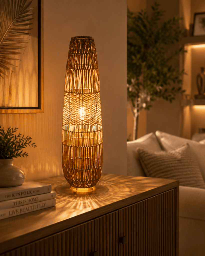 Tall woven rattan accent table lamp casting beautiful warm light patterns for cozy modern Best Table Lamp Ideas.