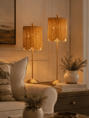 Modern woven table lamp set with warm ambient lighting for bedroom, living room, console table, and cozy home decor.