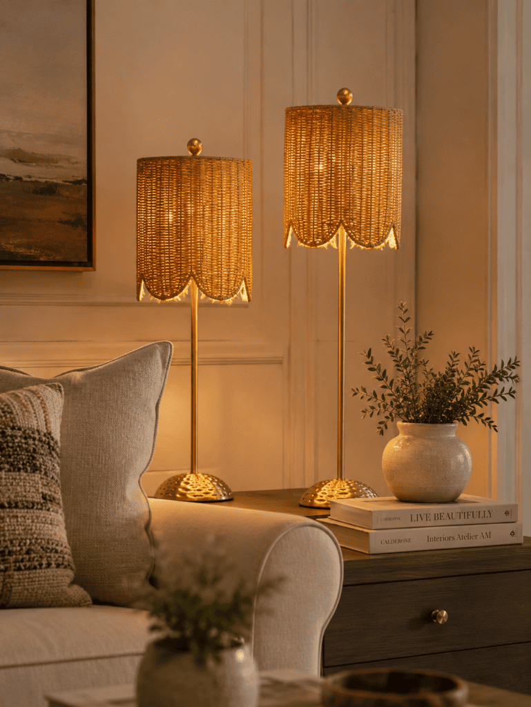 Pair of modern gold woven table lamps adding warm lighting and elegant texture to a cozy living room among the Best Table Lamp Ideas.