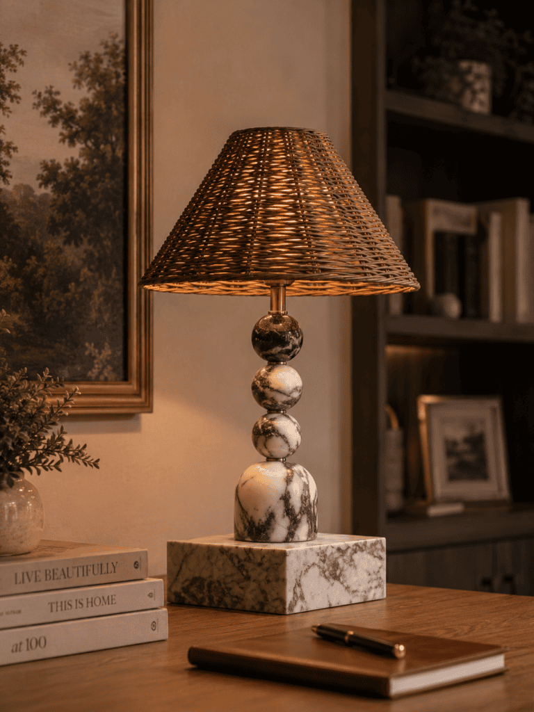 Luxury marble table lamp featuring stacked marble spheres and a woven shade for sophisticated Best Table Lamp Ideas.