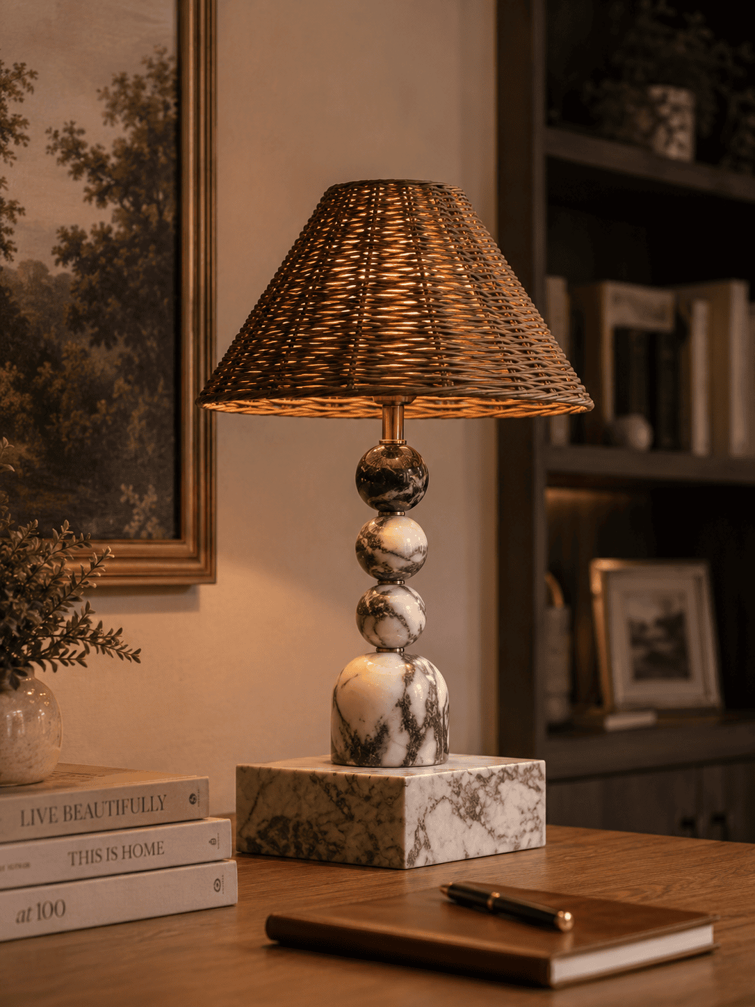 Modern marble table lamp with woven shade for living room, office, bedroom, and elegant home decor.