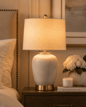 White ceramic table lamp with warm linen shade for bedroom, living room, office desk, and modern American home decor.