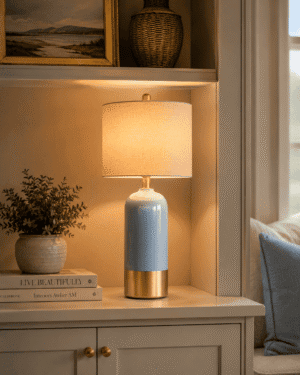 Elegant coastal blue ceramic table lamps with linen shades styled on a rustic wooden console table beside a woven mirror, creating a bright and cozy modern coastal entryway.