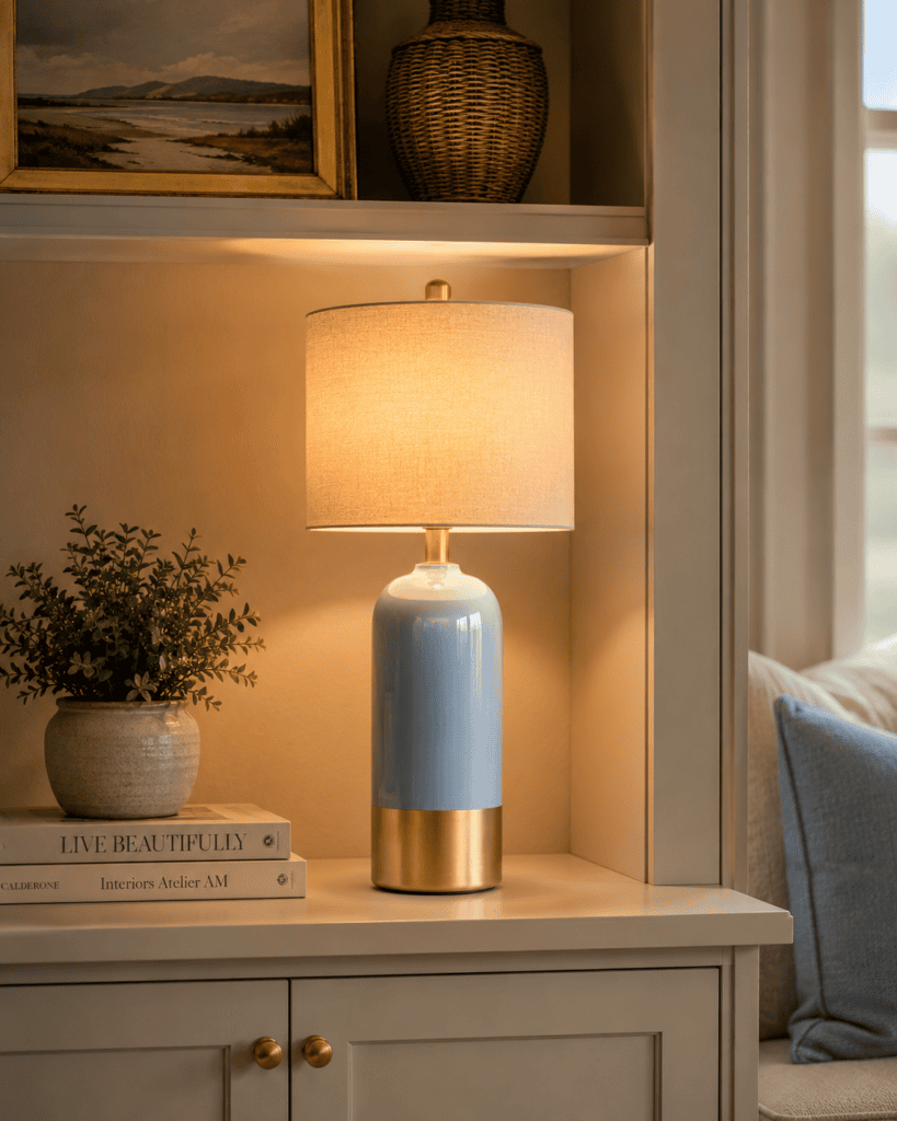 Modern blue ceramic table lamp with a linen shade and brass base styled on a white console for elegant Best Table Lamp Ideas.