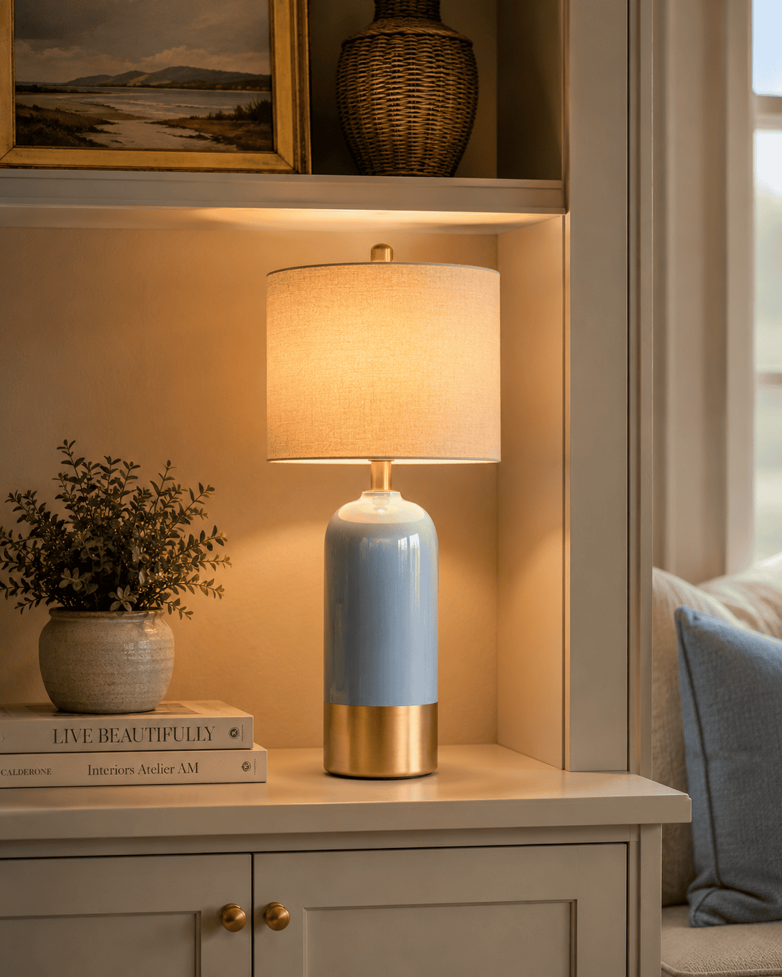 Elegant coastal blue ceramic table lamps with linen shades styled on a rustic wooden console table beside a woven mirror, creating a bright and cozy modern coastal entryway.