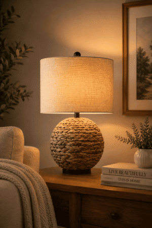 Round woven table lamp with linen shade for coastal, farmhouse, bedroom, living room, and cozy home decor.