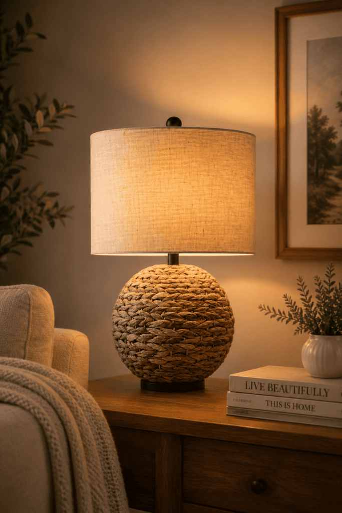 Round woven rattan table lamp with a fabric shade creating warm ambient lighting in a cozy living room among the Best Table Lamp Ideas.