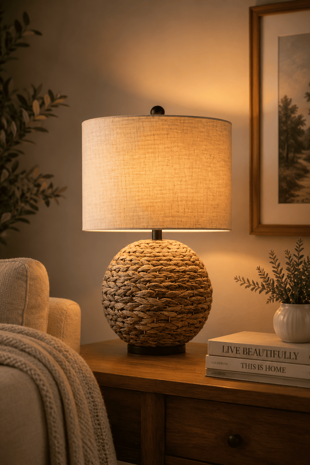 Round woven table lamp with linen shade for coastal, farmhouse, bedroom, living room, and cozy home decor.