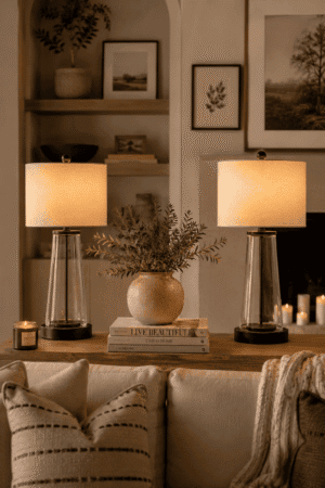 Modern clear glass table lamp set with linen shades for living room, bedroom, entryway, and cozy American home decor.