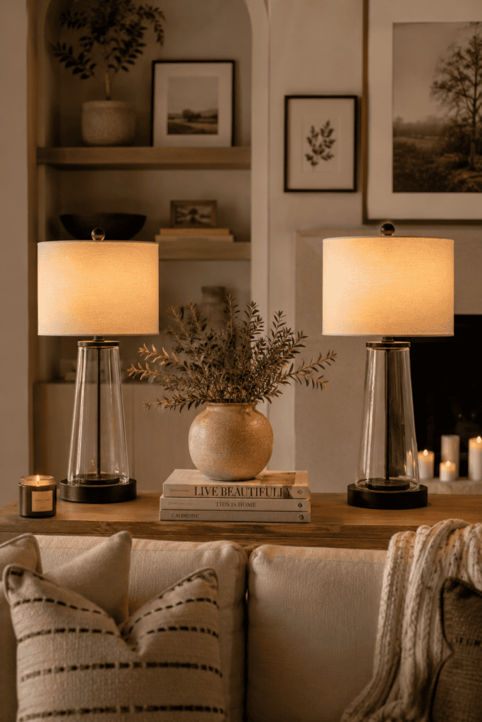 Matching modern glass table lamps with linen shades decorating a cozy living room console as elegant Best Table Lamp Ideas.