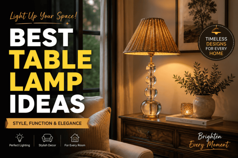 Best Table Lamp Ideas featuring a cozy modern living room with a stylish rattan table lamp on a wooden side table