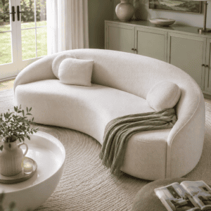 Modern white curved bouclé sofa with soft accent pillows and a sage green throw blanket in a cozy living room featuring natural light, organic decor, and minimalist styling.