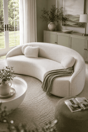 Modern white curved bouclé sofa with soft accent pillows and a sage green throw blanket in a cozy living room featuring natural light, organic decor, and minimalist styling.