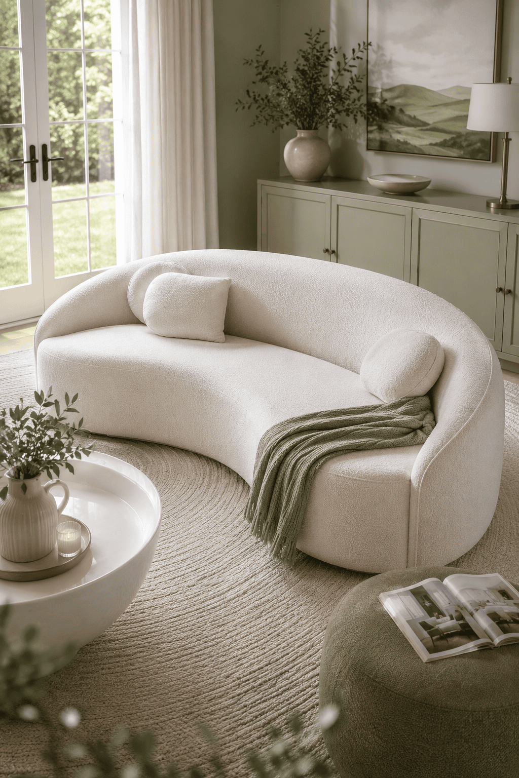 Modern white curved bouclé sofa with soft accent pillows and a sage green throw blanket in a cozy living room featuring natural light, organic decor, and minimalist styling.