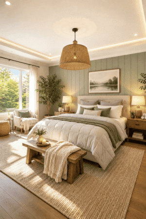 Cozy modern bedroom featuring a upholstered bed, comforter set, decorative pillows, throw blanket, woven area rug, wooden bench, nightstands, table lamps, woven pendant light, wall art, accent chair, indoor plants, and elegant American bedroom decor.