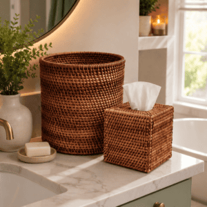 Handwoven rattan bathroom storage set featuring a matching waste basket and tissue box cover on a marble vanity in a warm, cozy modern bathroom.