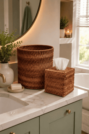 Handwoven rattan bathroom storage set featuring a matching waste basket and tissue box cover on a marble vanity in a warm, cozy modern bathroom.