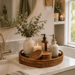 Handwoven round rattan bathroom vanity tray holding soap dispensers, candle, vase, and decorative accessories on a marble bathroom countertop in a cozy modern home.